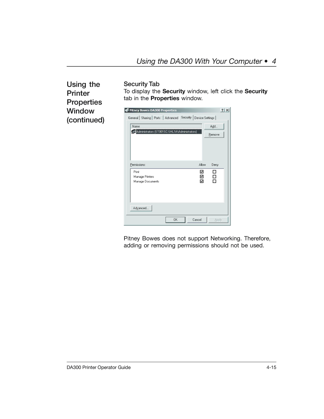 Pitney Bowes DA300 manual Using, Security Tab 