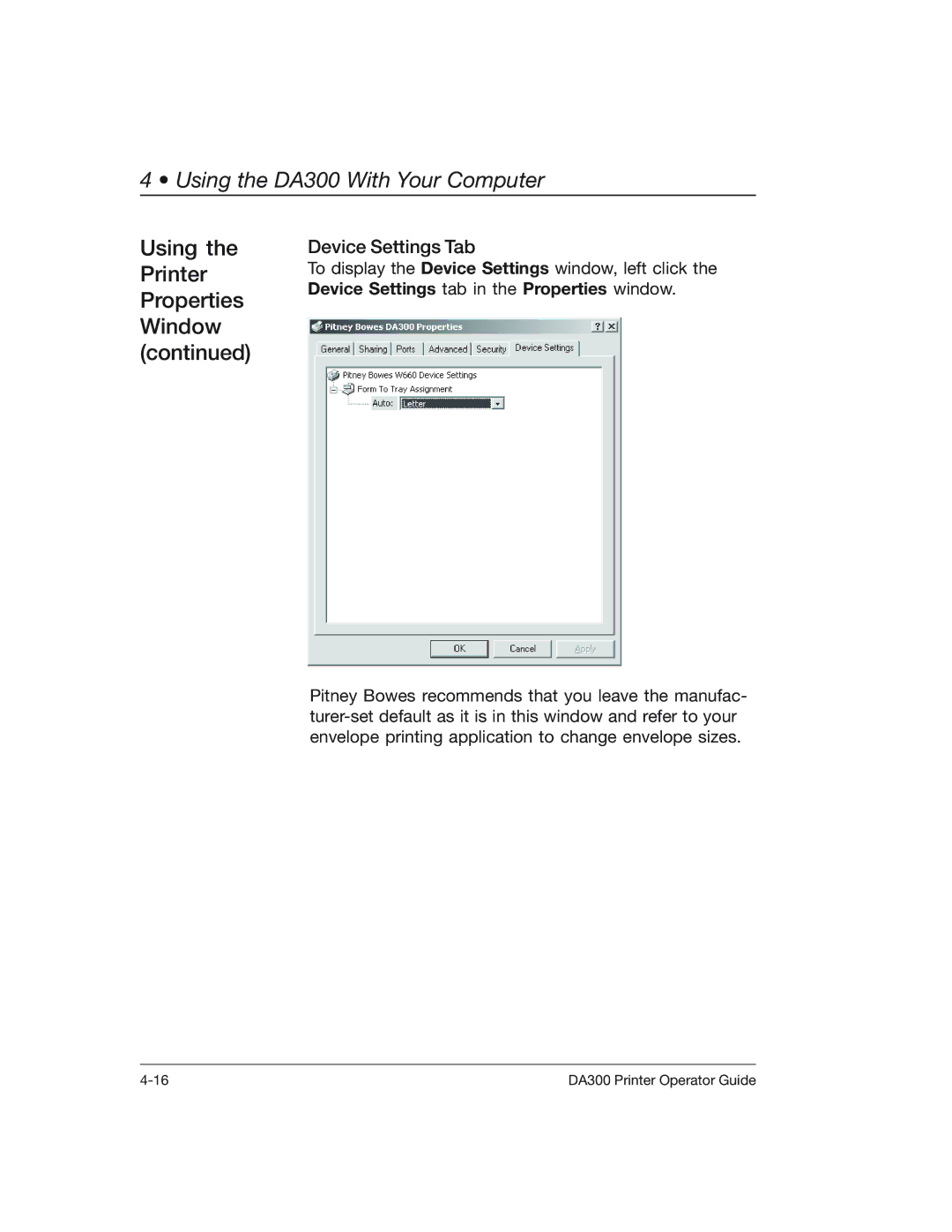 Pitney Bowes DA300 manual Device Settings Tab 