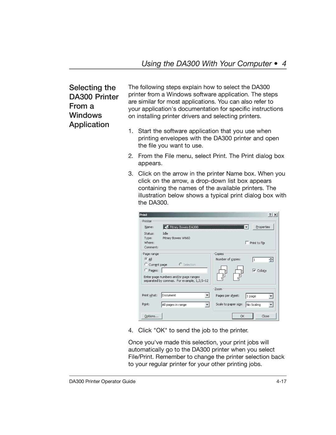 Pitney Bowes manual Selecting DA300 Printer From a Windows Application 