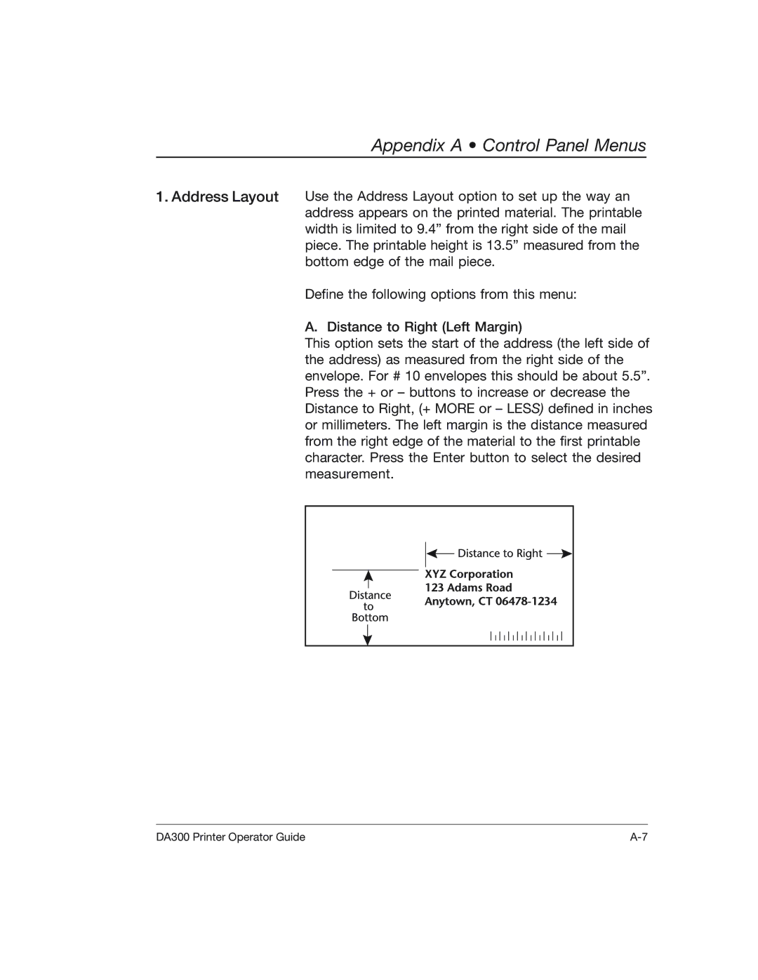 Pitney Bowes DA300 manual Appendix a Control Panel Menus 