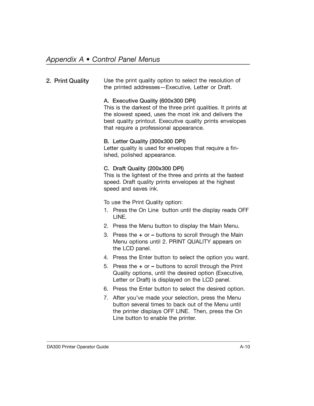 Pitney Bowes DA300 manual Appendix a Control Panel Menus 