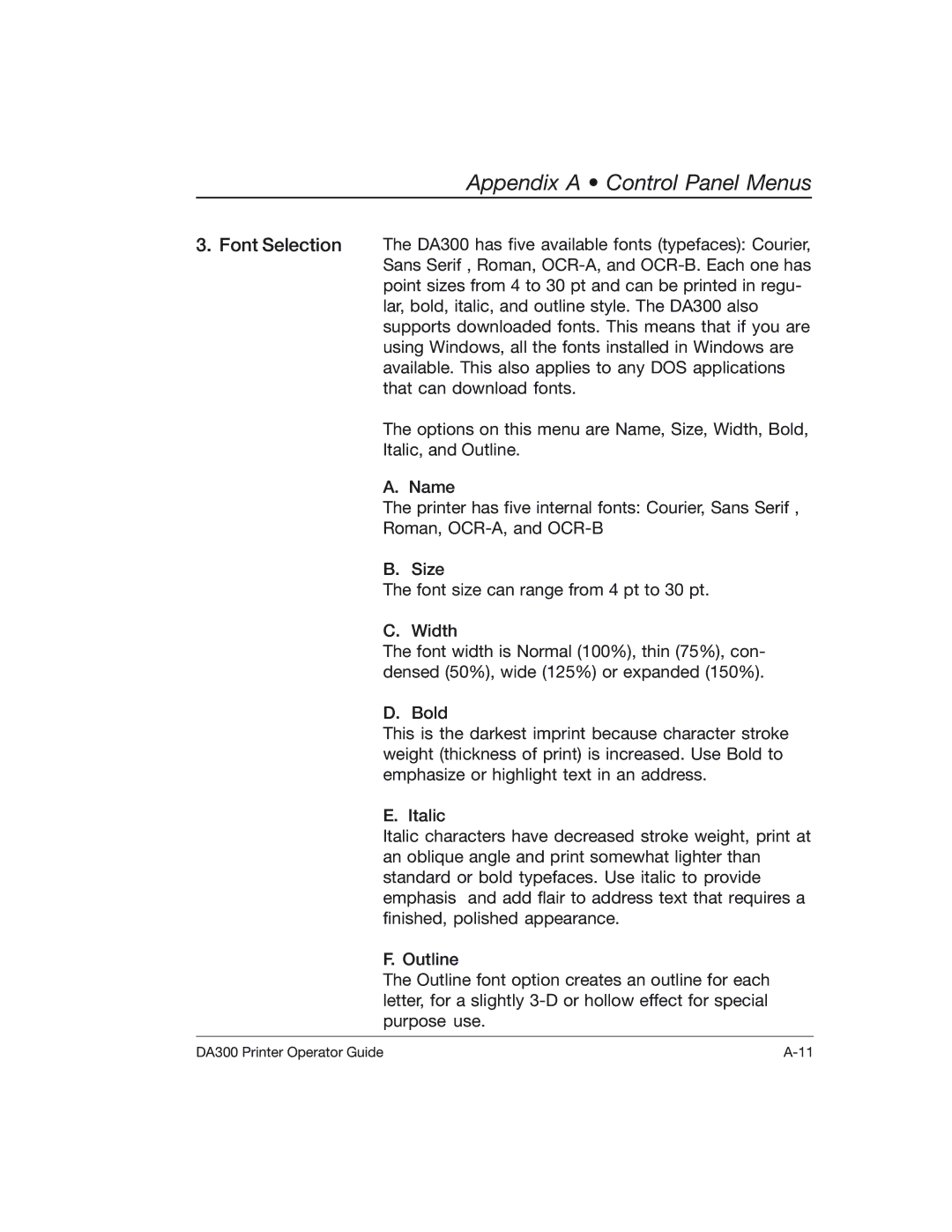 Pitney Bowes DA300 manual Appendix a Control Panel Menus 