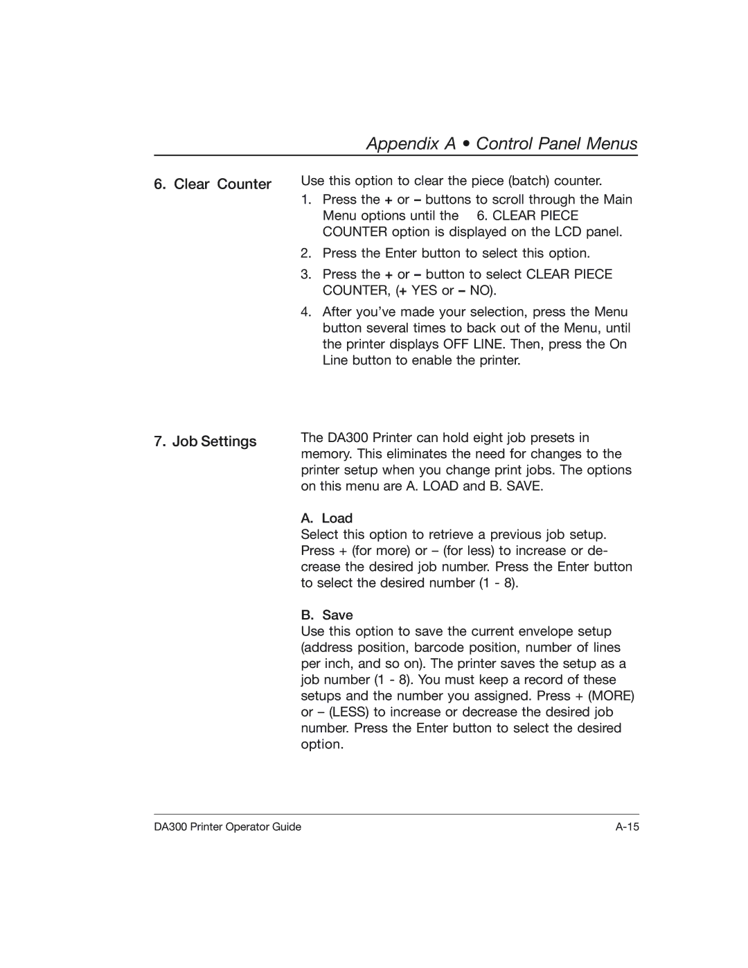 Pitney Bowes DA300 manual Clear Counter Job Settings 