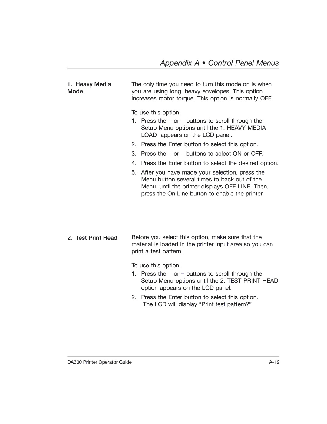 Pitney Bowes DA300 manual Appendix a Control Panel Menus 