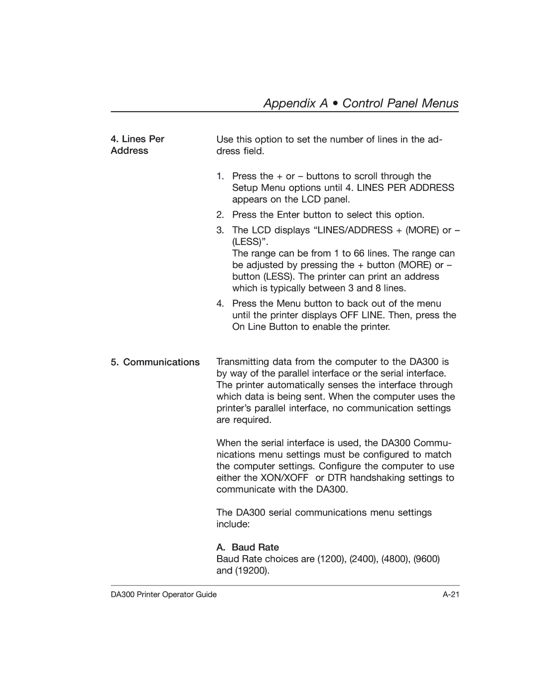 Pitney Bowes DA300 manual Appendix a Control Panel Menus 