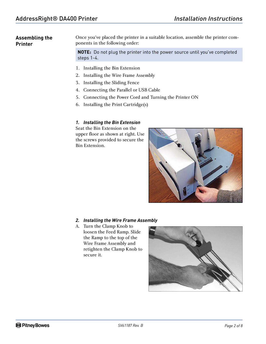 Pitney Bowes DA400 installation instructions Installation Instructions, Assembling the Printer 