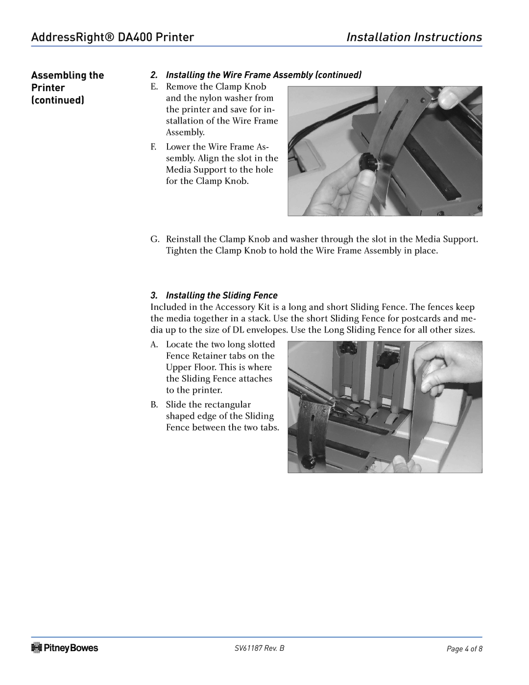 Pitney Bowes DA400 installation instructions Assembling, Printer, Installing the Sliding Fence 