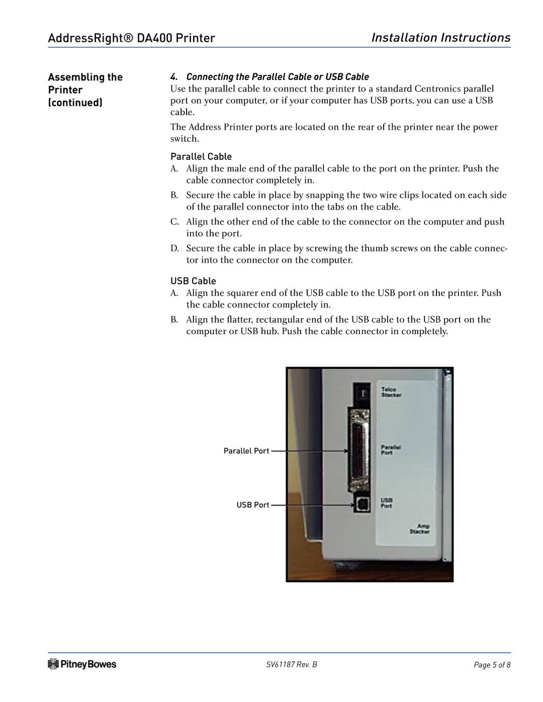 Pitney Bowes DA400 installation instructions Connecting the Parallel Cable or USB Cable 