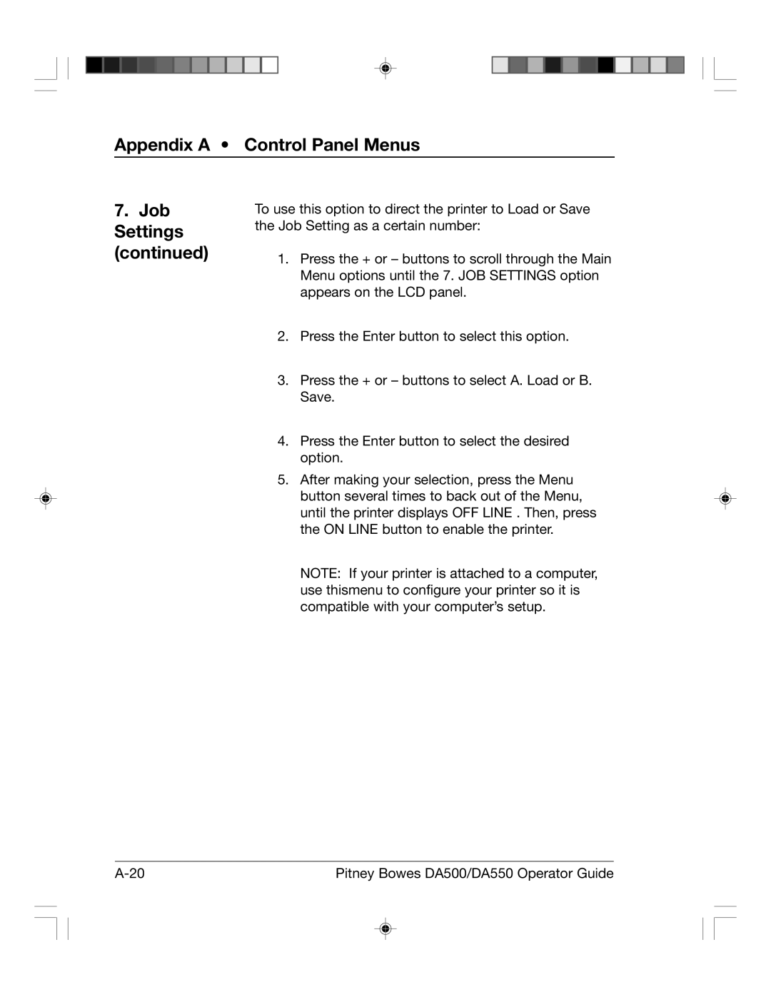 Pitney Bowes DA500, DA550 manual Appendix a Control Panel Menus Job, Settings 