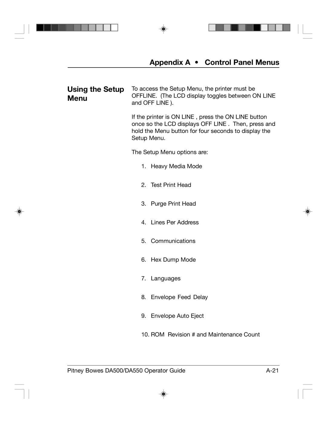 Pitney Bowes DA550, DA500 manual Appendix a Control Panel Menus Using the Setup Menu 