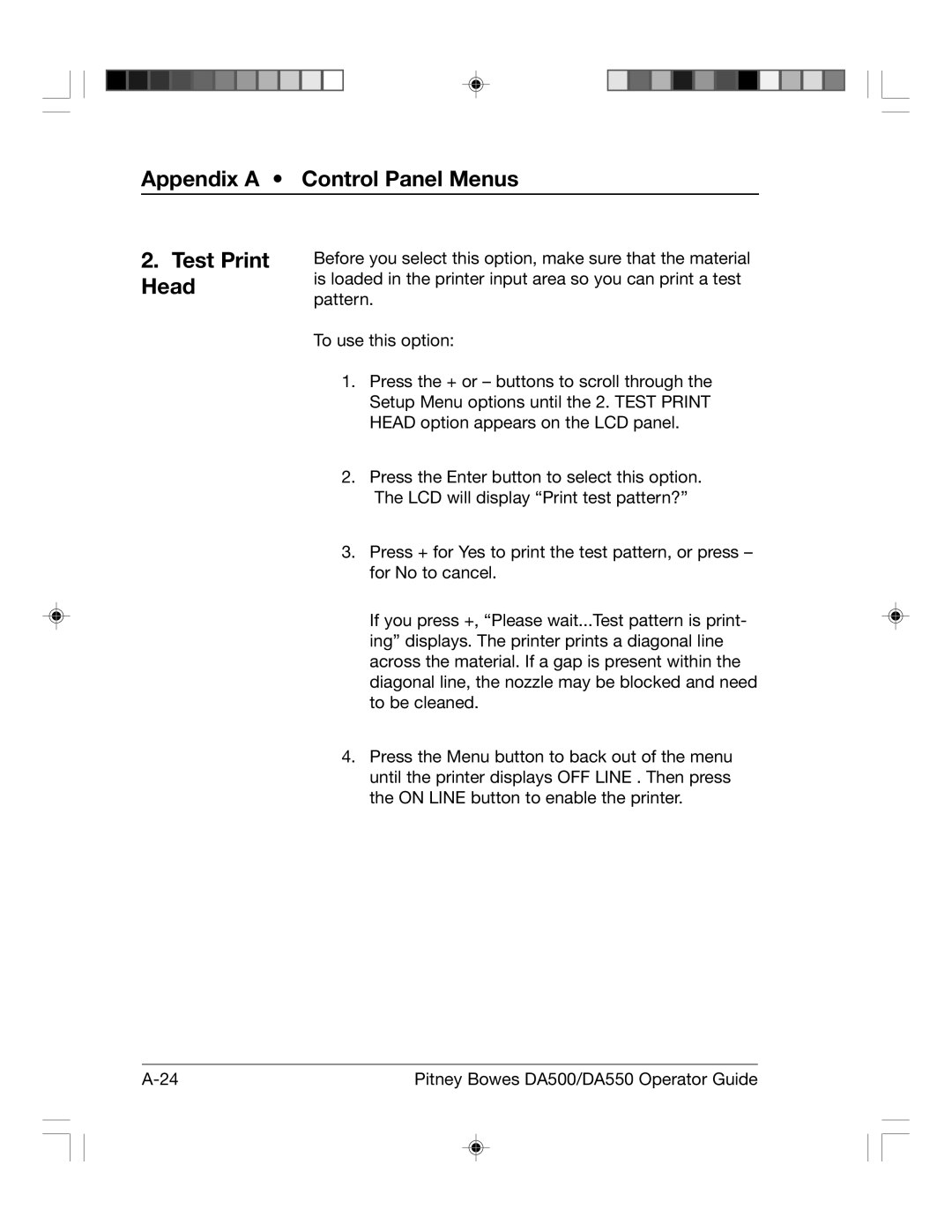 Pitney Bowes DA500, DA550 manual Appendix a Control Panel Menus Test Print Head 