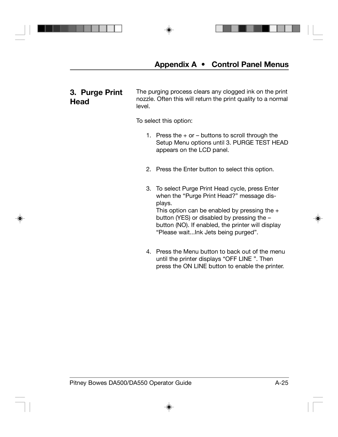 Pitney Bowes DA550, DA500 manual Appendix a Control Panel Menus Purge Print Head 