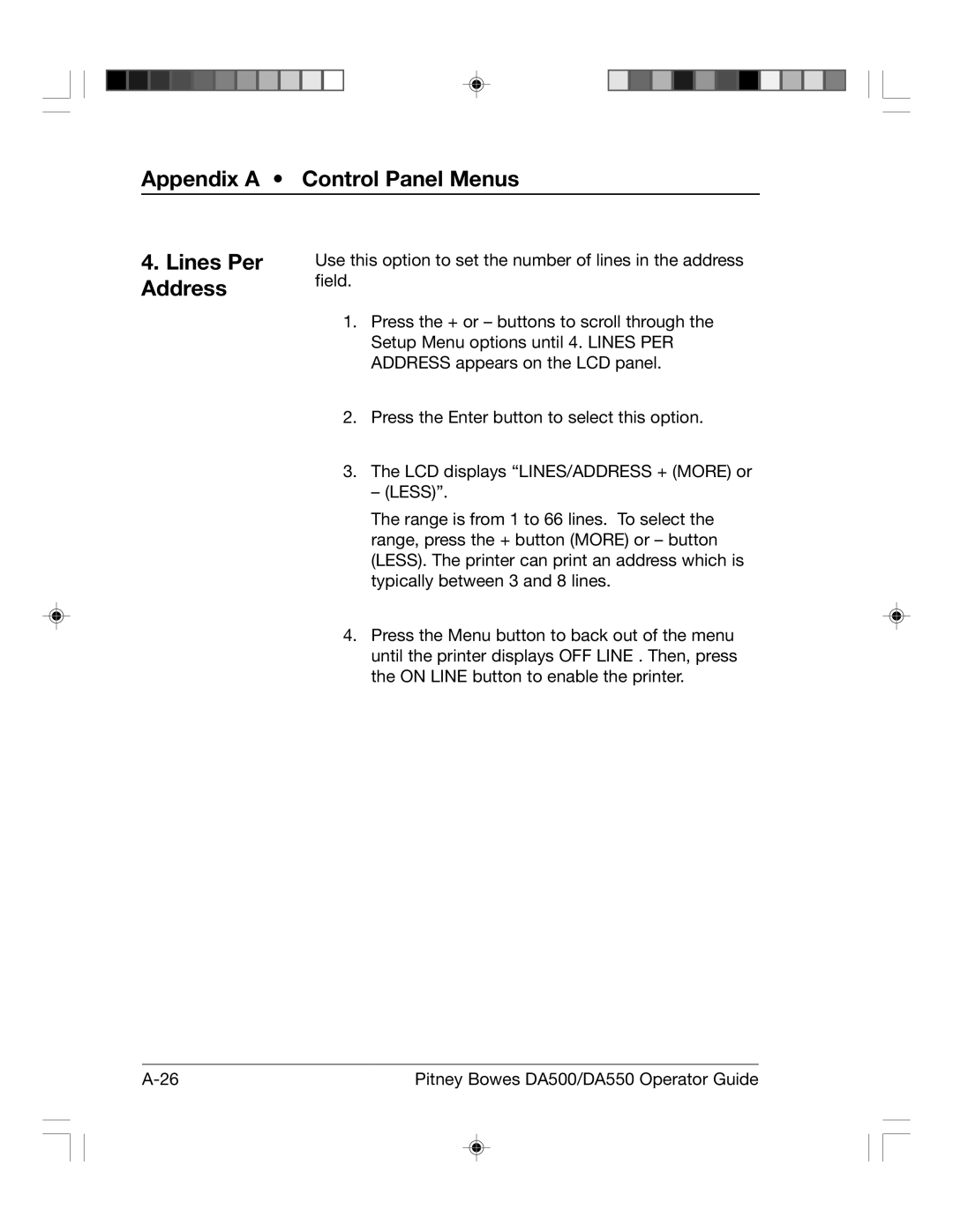 Pitney Bowes DA500, DA550 manual Appendix a Control Panel Menus, Lines Per Address 