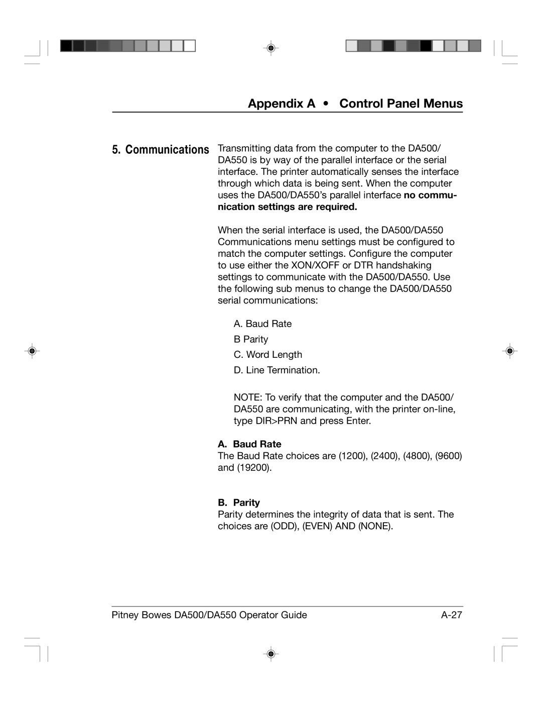 Pitney Bowes DA550, DA500 manual Baud Rate, Parity 