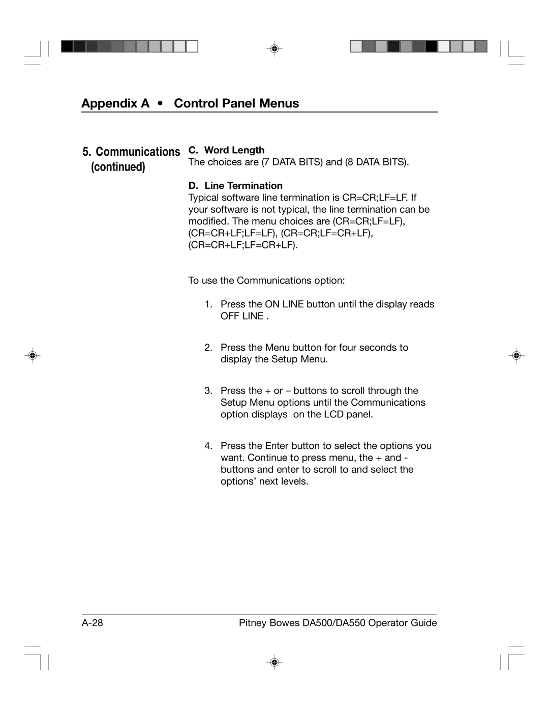 Pitney Bowes DA500, DA550 manual Communications Word Length, Line Termination 