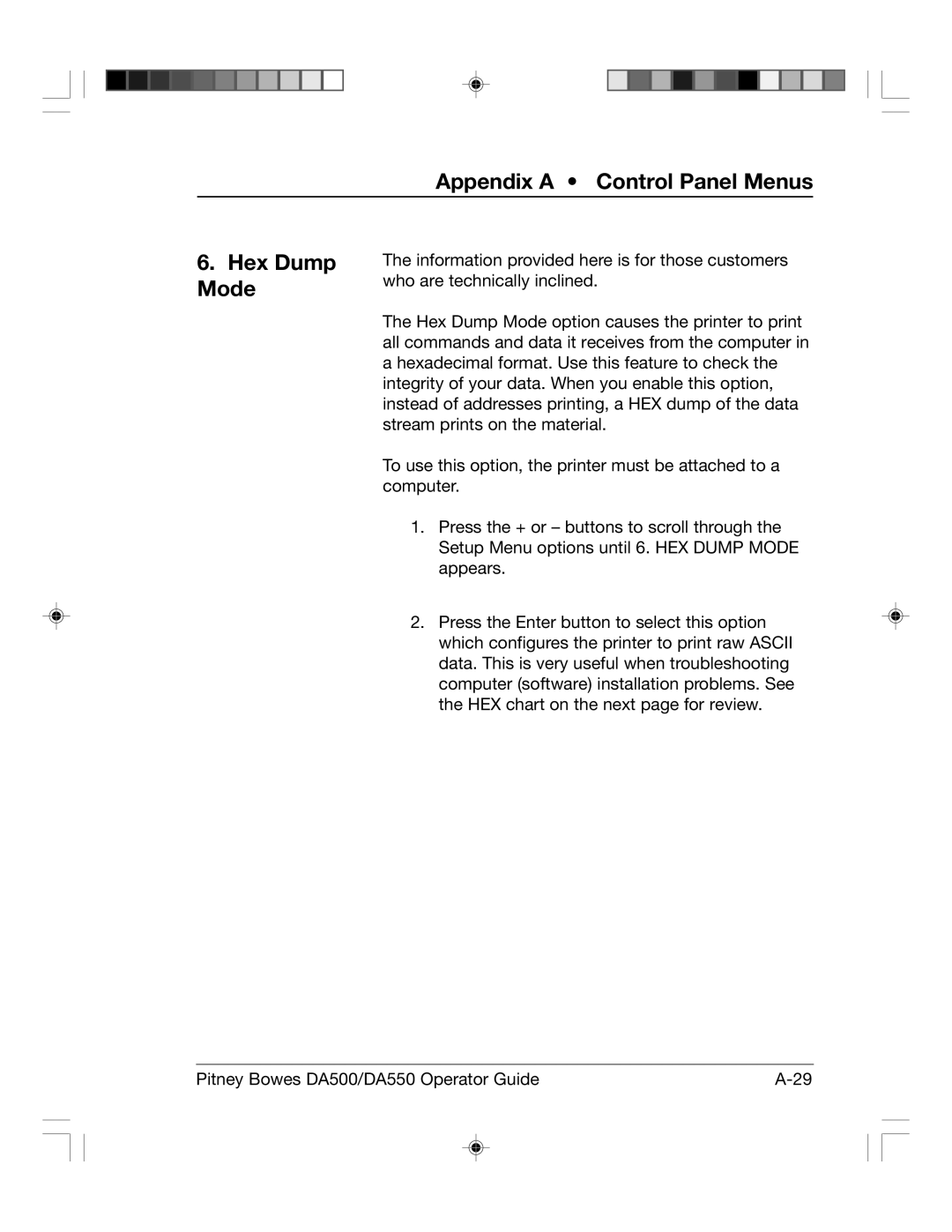 Pitney Bowes DA550, DA500 manual Appendix a Control Panel Menus Hex Dump Mode 