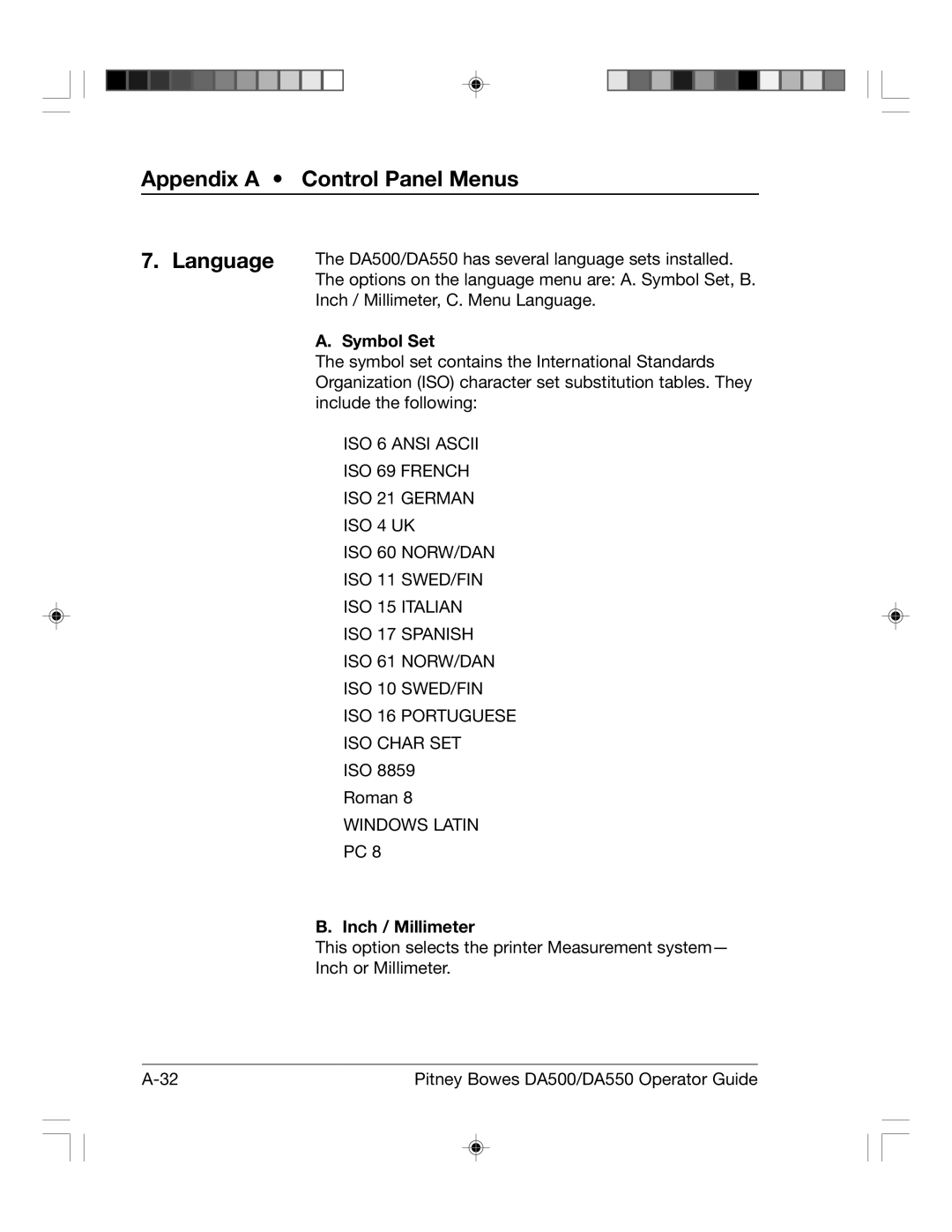 Pitney Bowes DA500, DA550 manual Appendix a Control Panel Menus Language, Symbol Set, Inch / Millimeter 