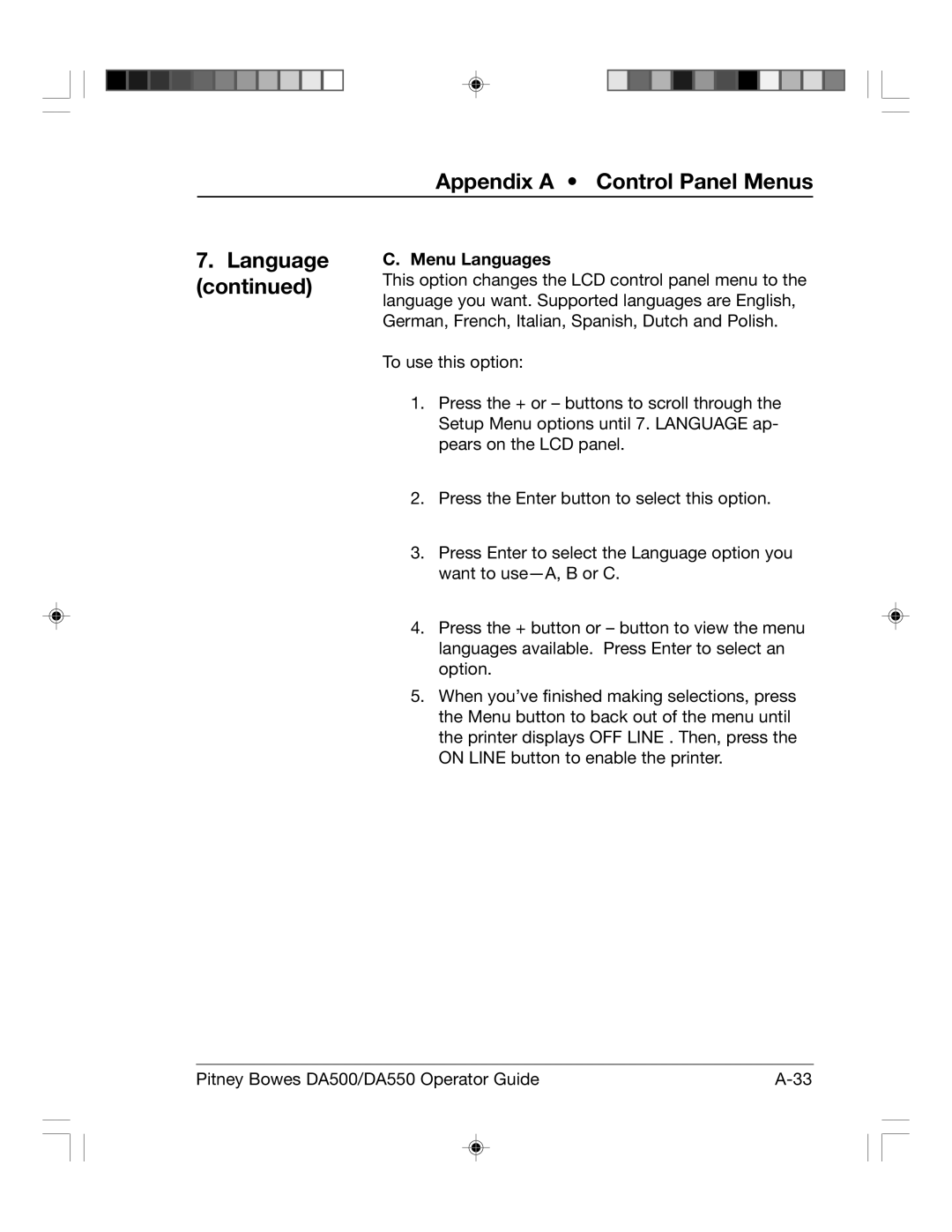 Pitney Bowes DA550, DA500 manual Menu Languages 