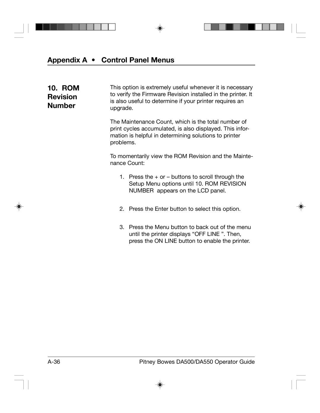 Pitney Bowes DA500, DA550 manual Appendix a Control Panel Menus ROM Revision Number 