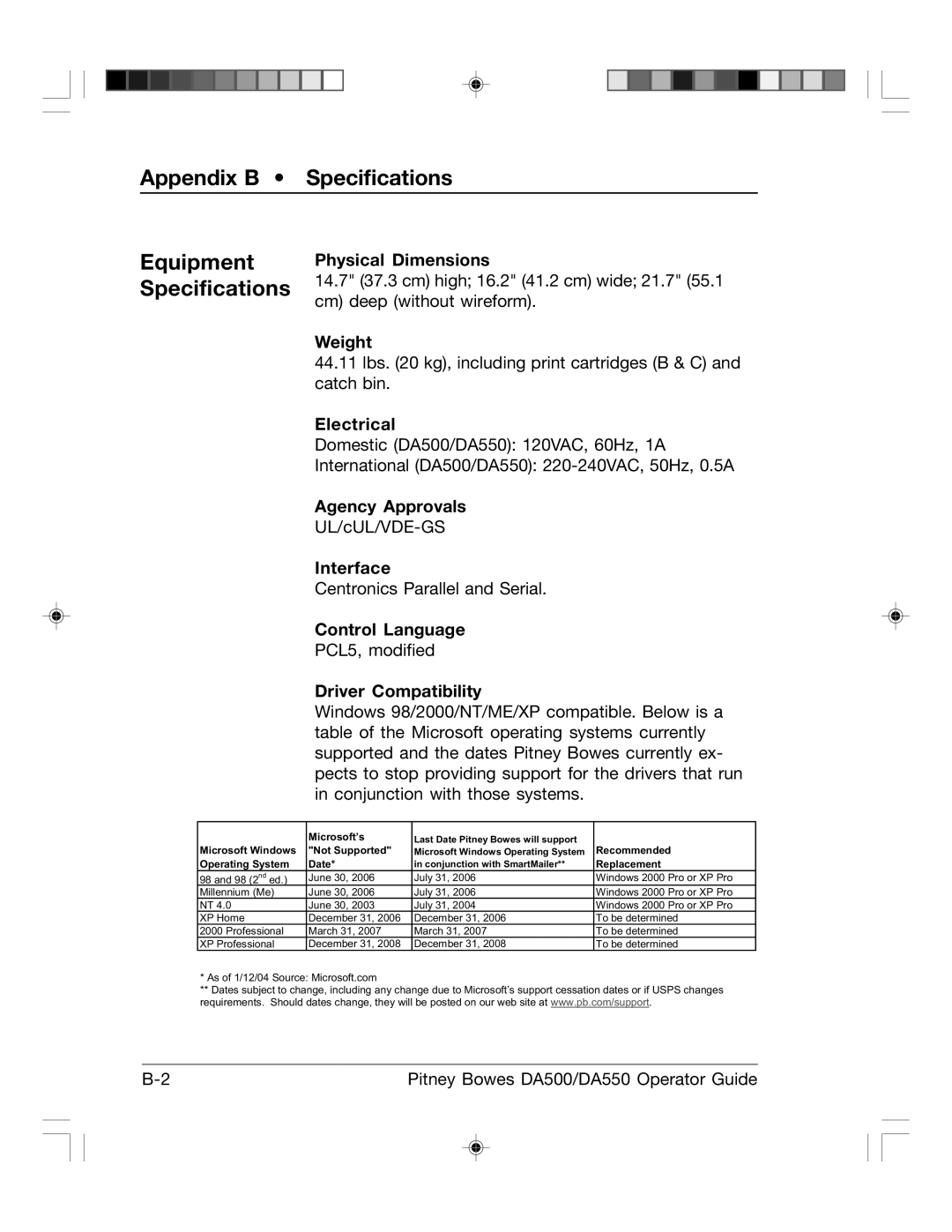 Pitney Bowes DA500, DA550 manual Appendix B Specifications Equipment Specifications 