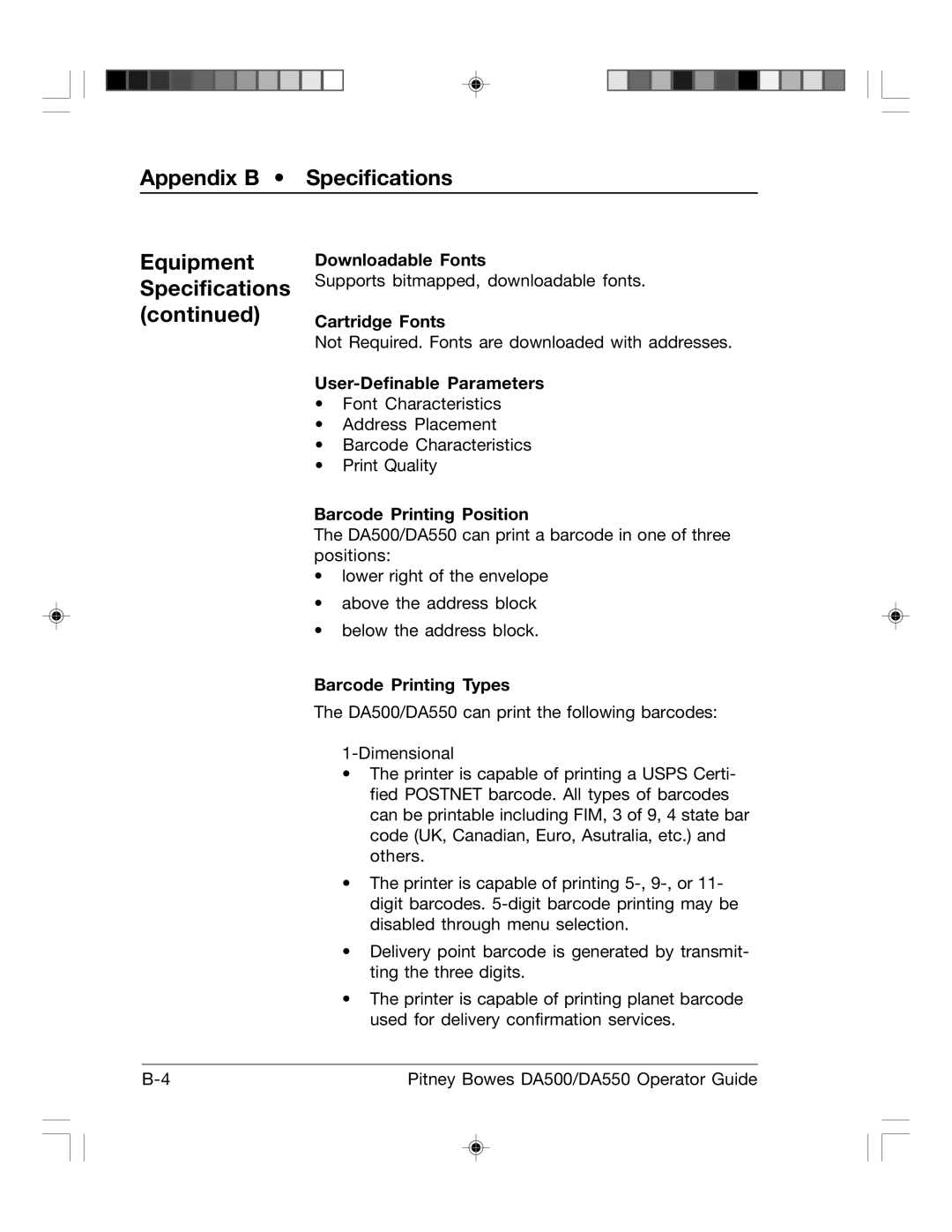 Pitney Bowes DA500, DA550 manual Downloadable Fonts, Cartridge Fonts, User-Definable Parameters, Barcode Printing Position 