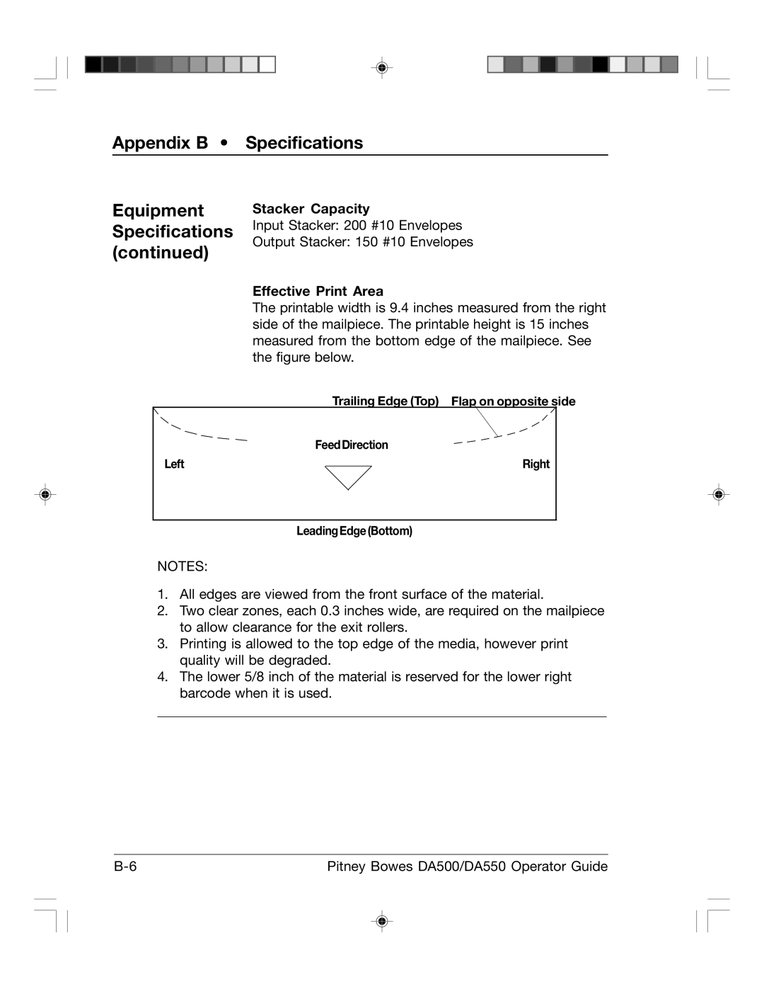 Pitney Bowes DA500, DA550 manual Stacker Capacity, Effective Print Area 