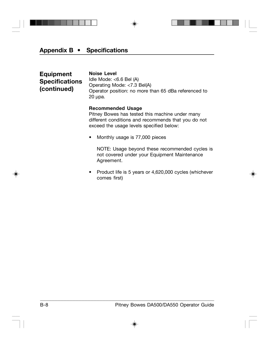 Pitney Bowes DA500, DA550 manual Noise Level, Recommended Usage 