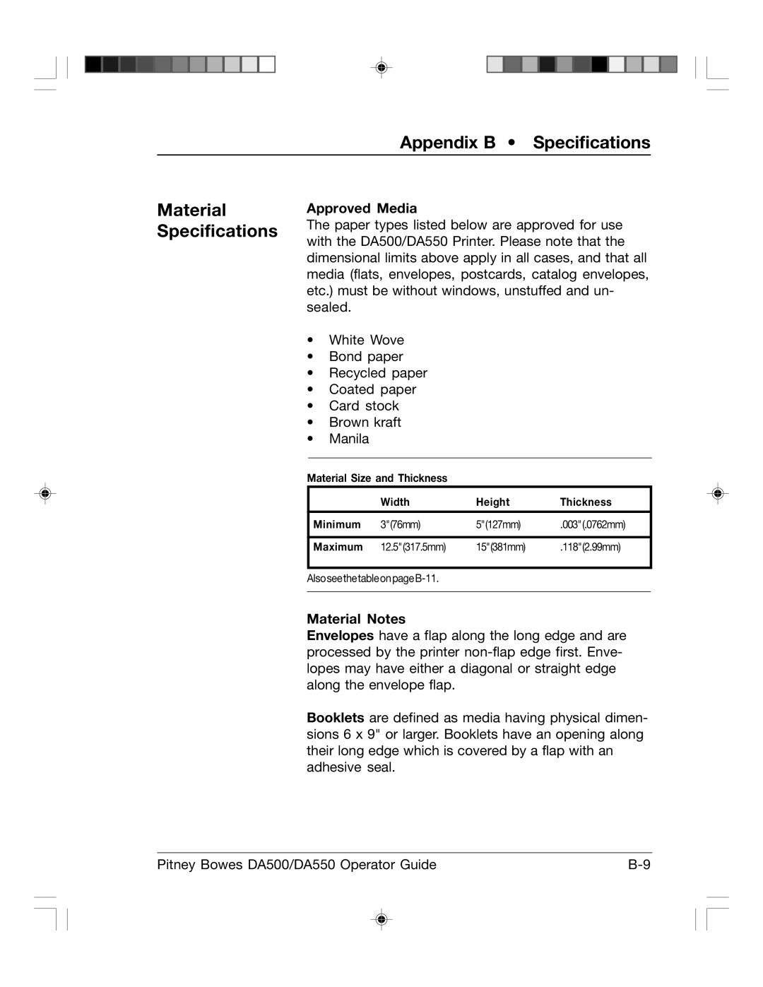 Pitney Bowes DA550, DA500 manual Appendix B Specifications Material Specifications, Approved Media, Material Notes 