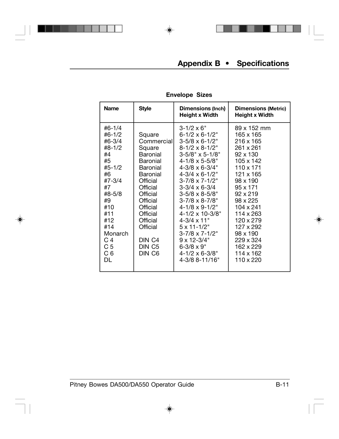 Pitney Bowes DA550, DA500 manual Appendix B Specifications, Envelope Sizes 