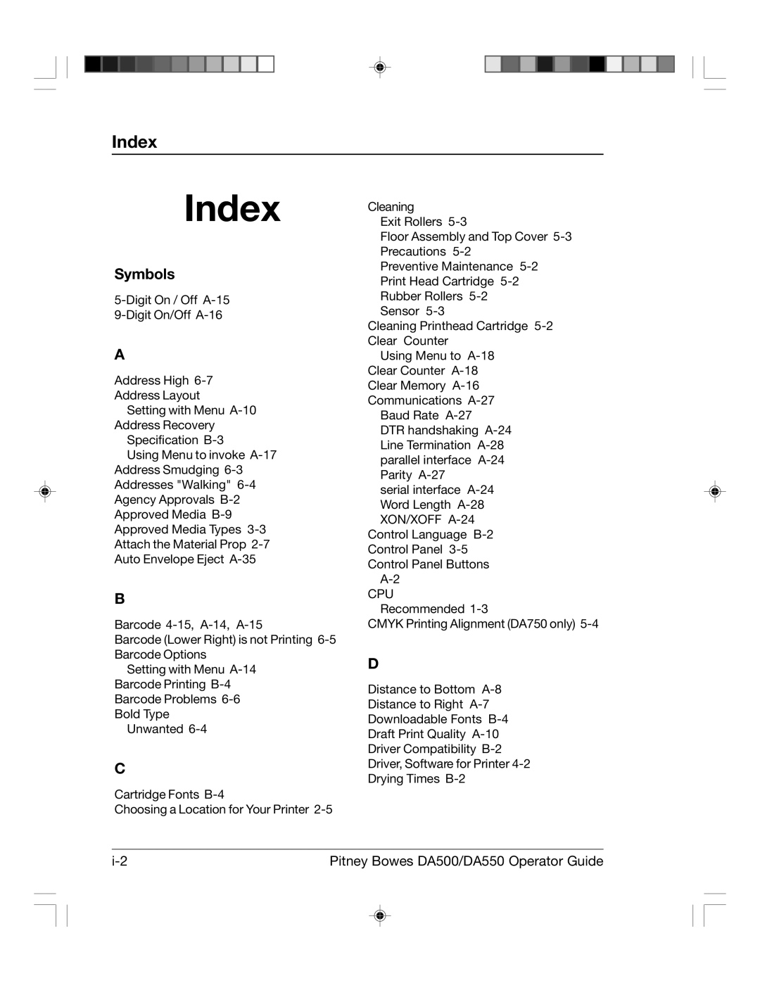 Pitney Bowes DA500, DA550 manual Index, Symbols 