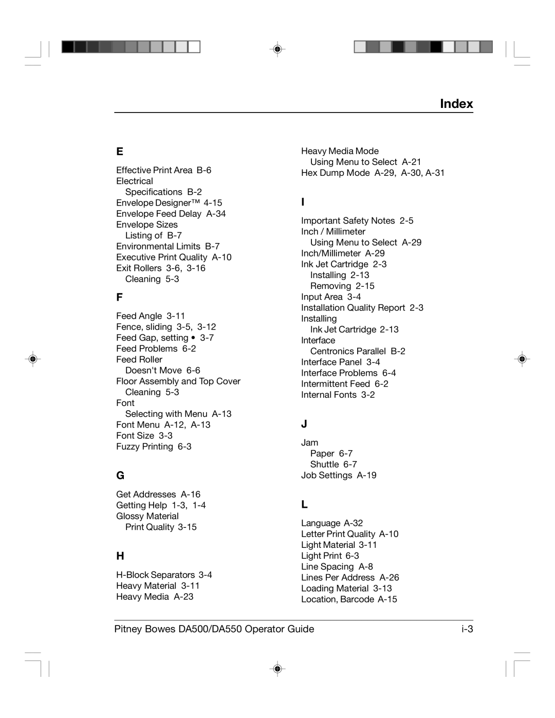 Pitney Bowes DA550, DA500 manual Index 