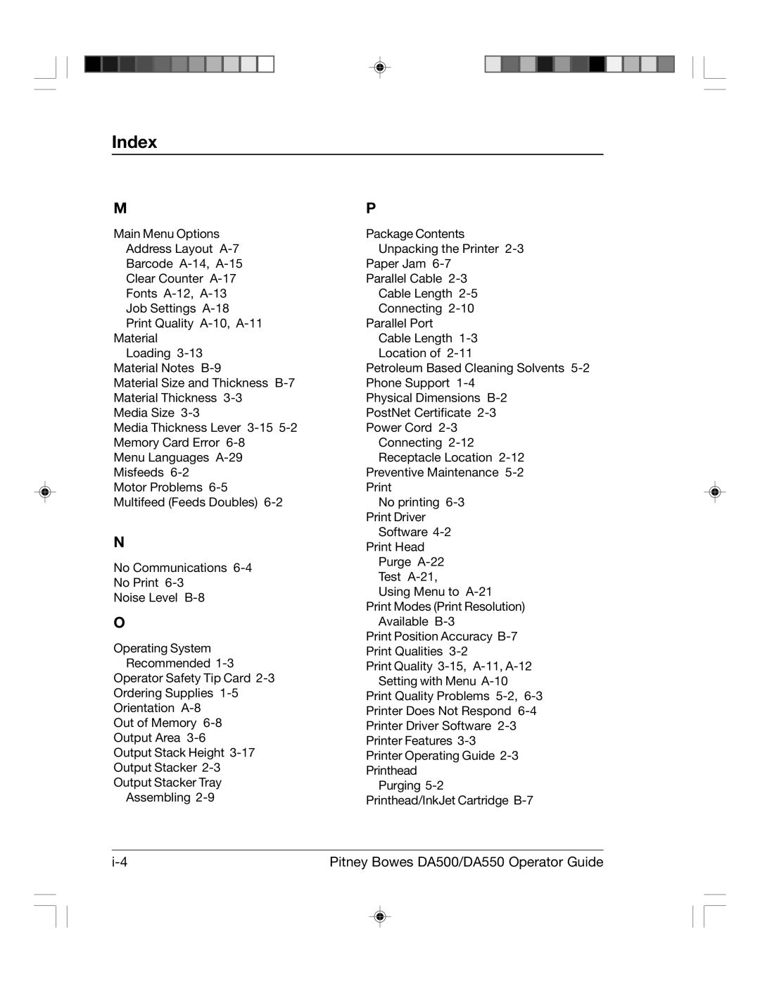 Pitney Bowes DA500, DA550 manual Index 