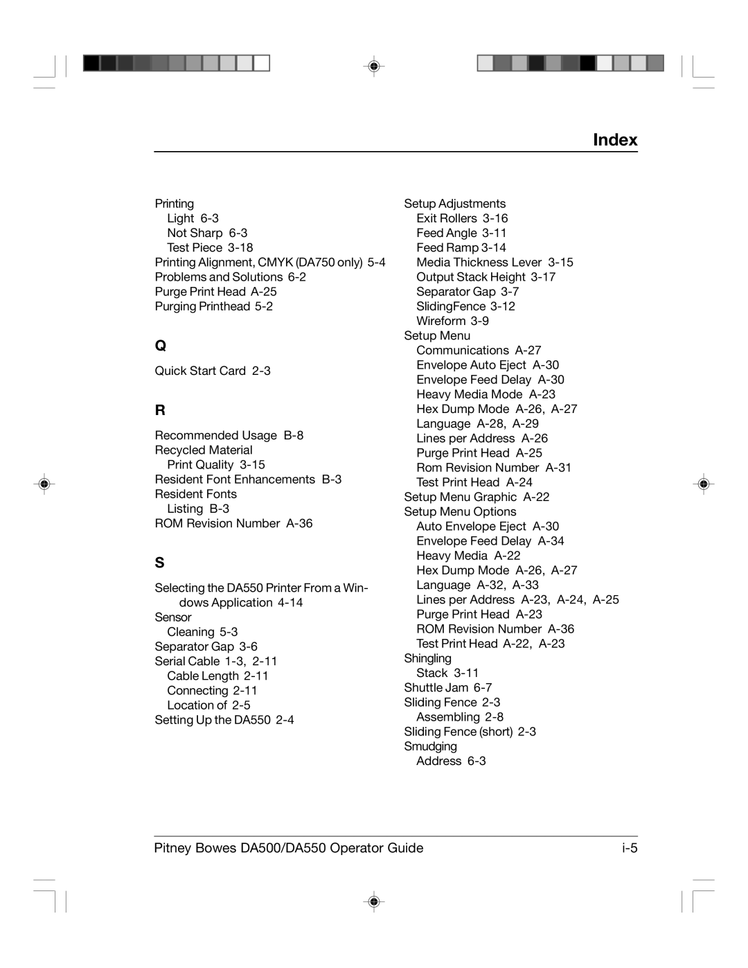 Pitney Bowes DA550, DA500 manual Index 