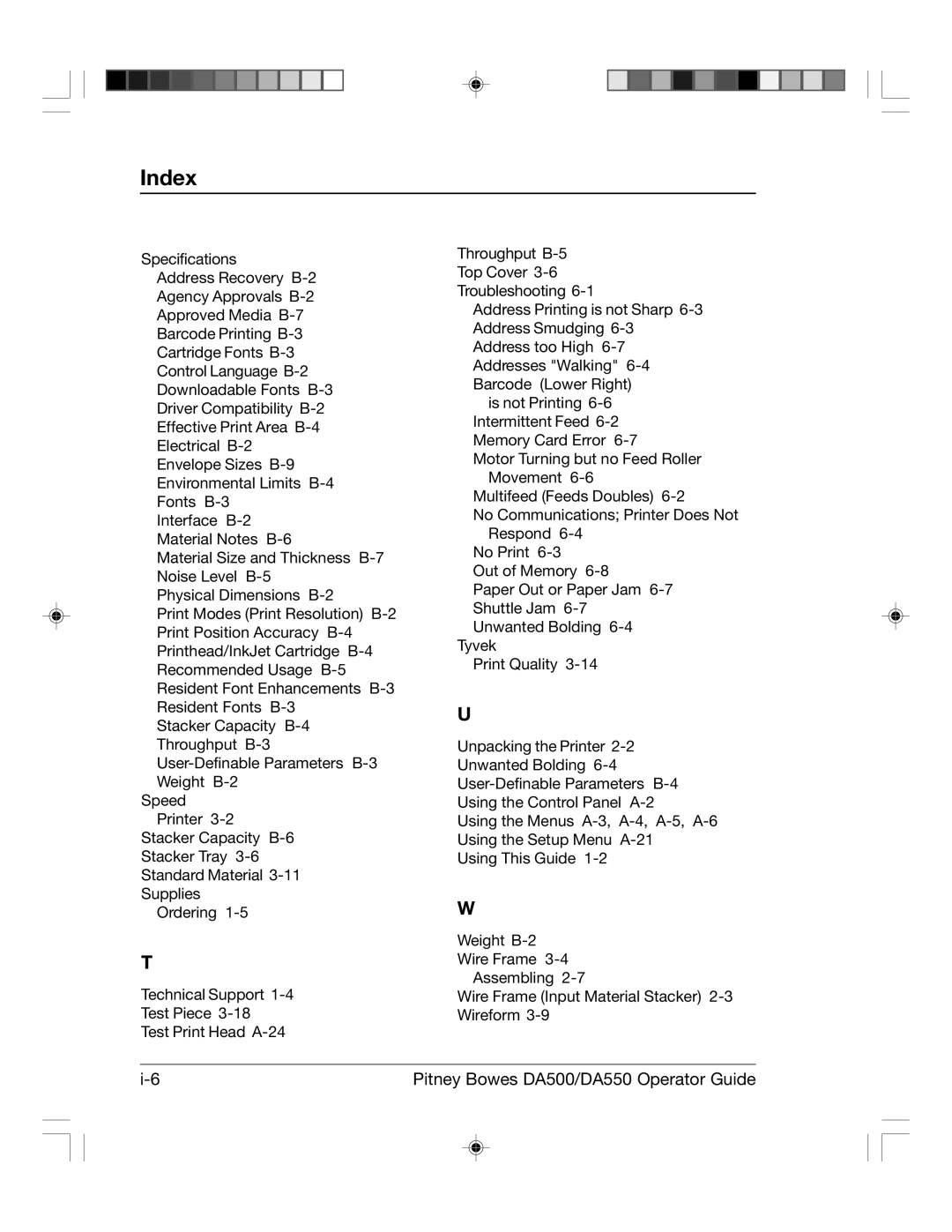 Pitney Bowes DA500, DA550 manual Index 