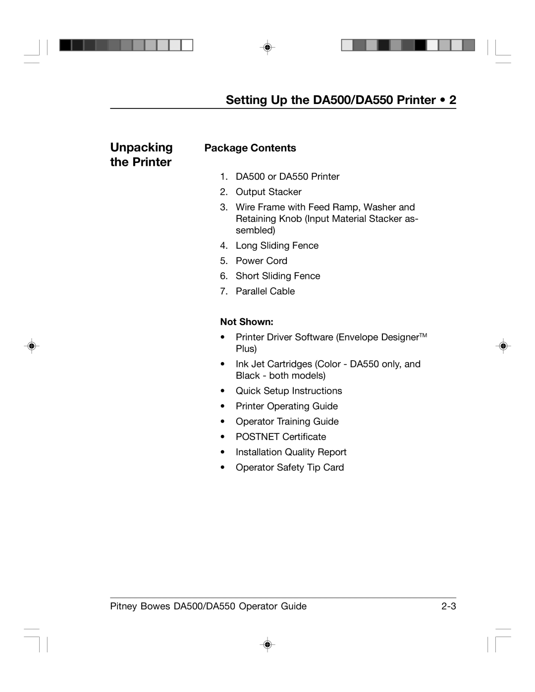 Pitney Bowes DA550, DA500 manual Package Contents 