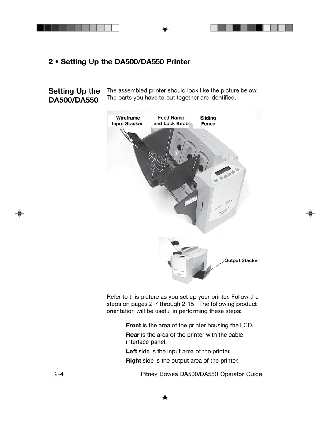 Pitney Bowes manual Setting Up the DA500/DA550 Printer 