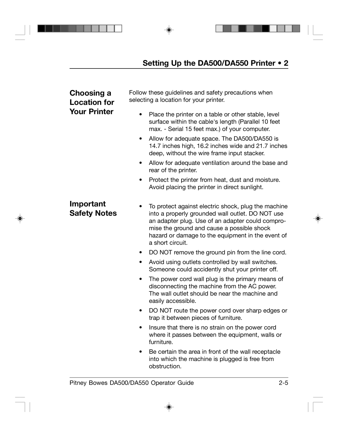 Pitney Bowes DA550, DA500 manual Important Safety Notes, Choosing a Location for Your Printer 