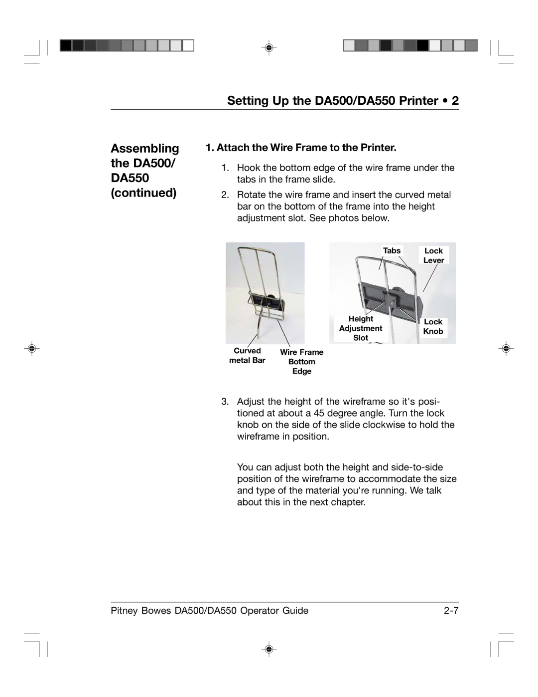 Pitney Bowes manual Assembling the DA500/ DA550, Attach the Wire Frame to the Printer 