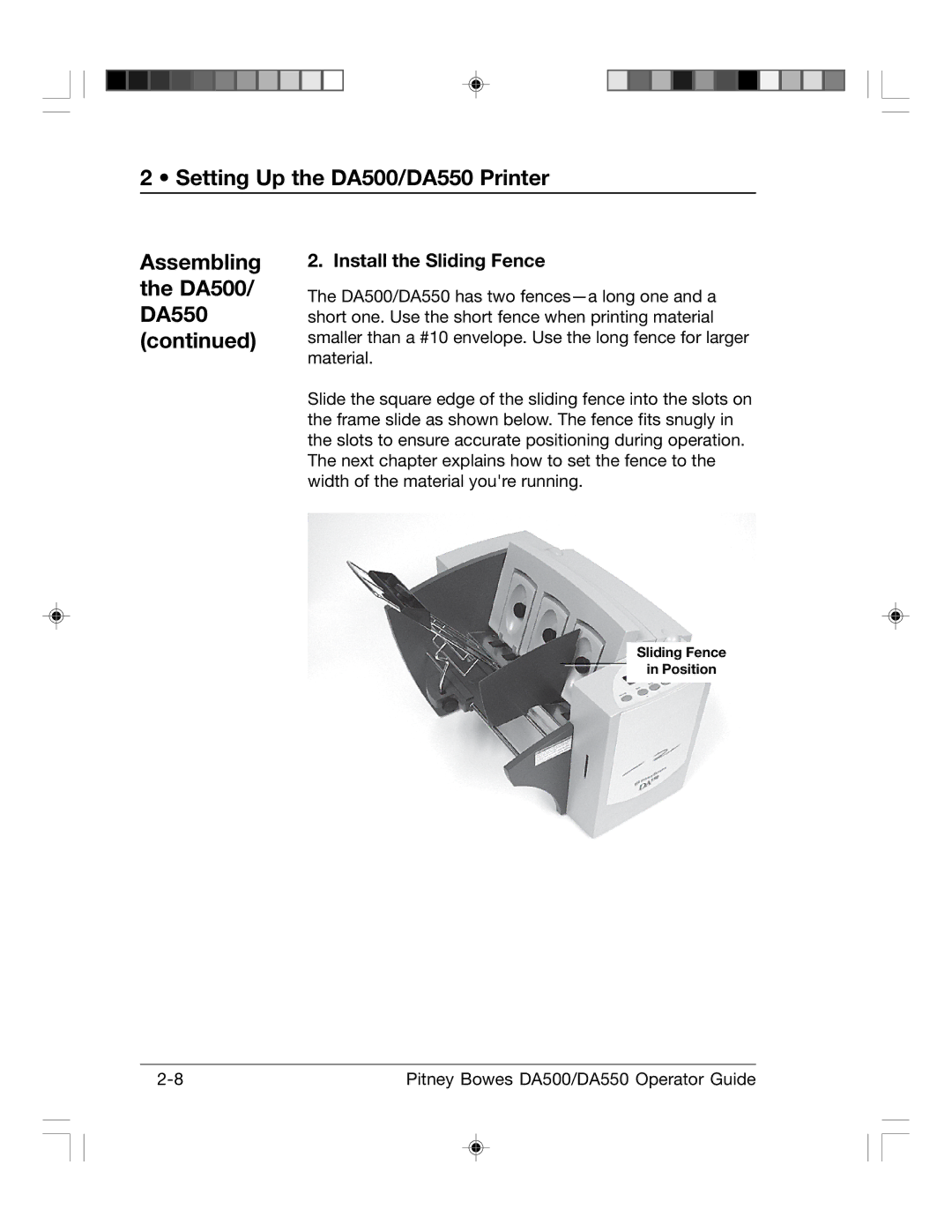 Pitney Bowes DA500, DA550 manual Install the Sliding Fence 