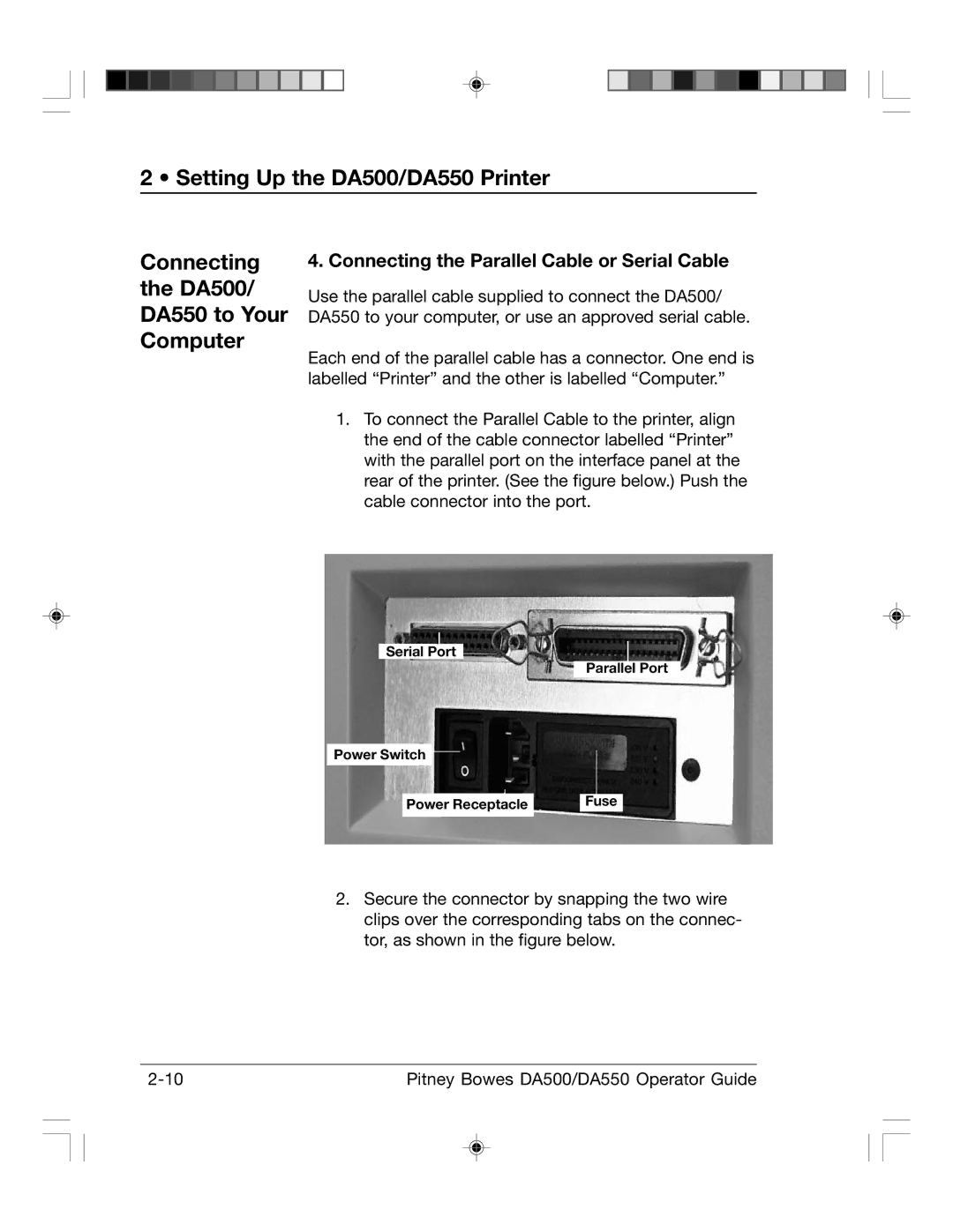 Pitney Bowes manual Connecting the DA500/ DA550 to Your Computer, Connecting the Parallel Cable or Serial Cable 