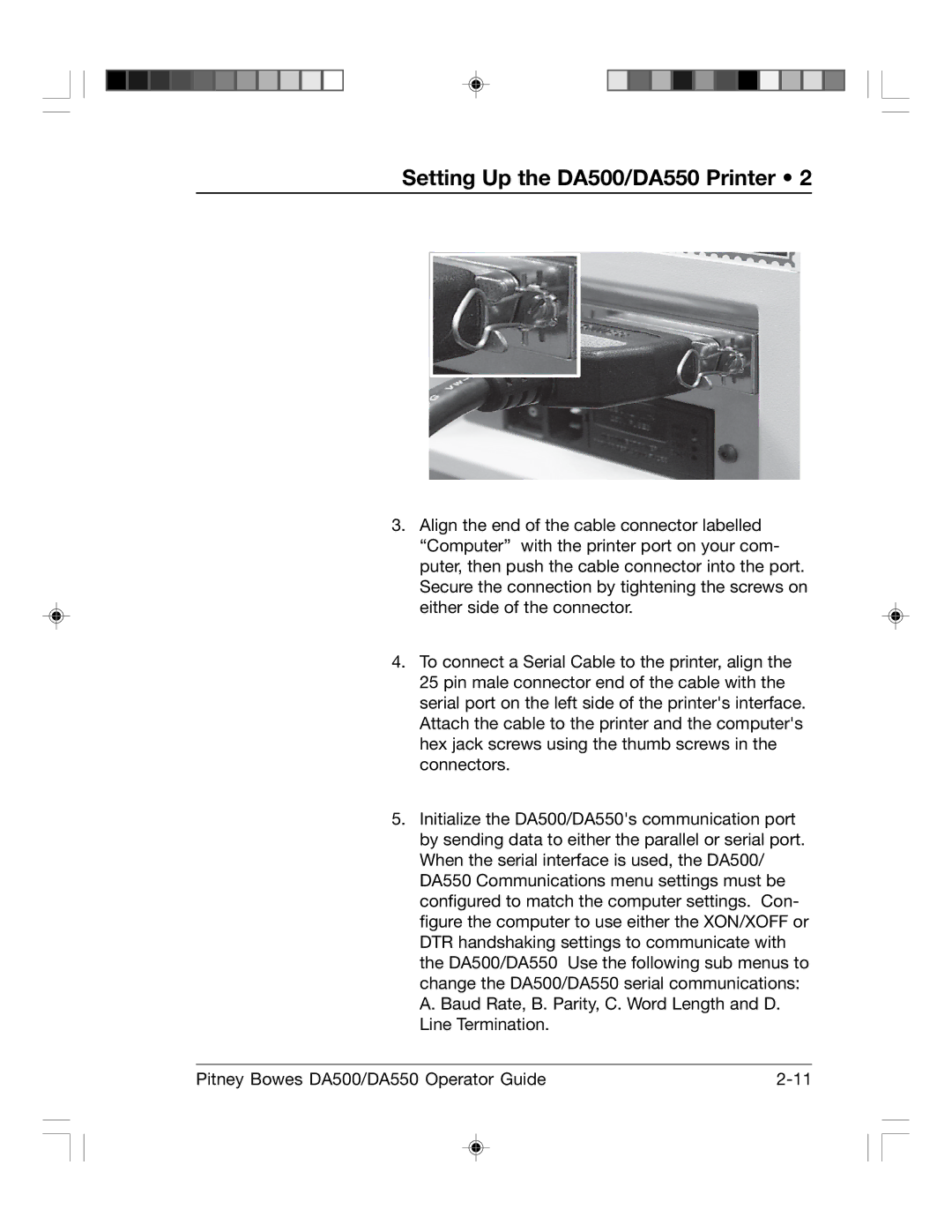 Pitney Bowes manual Setting Up the DA500/DA550 Printer 