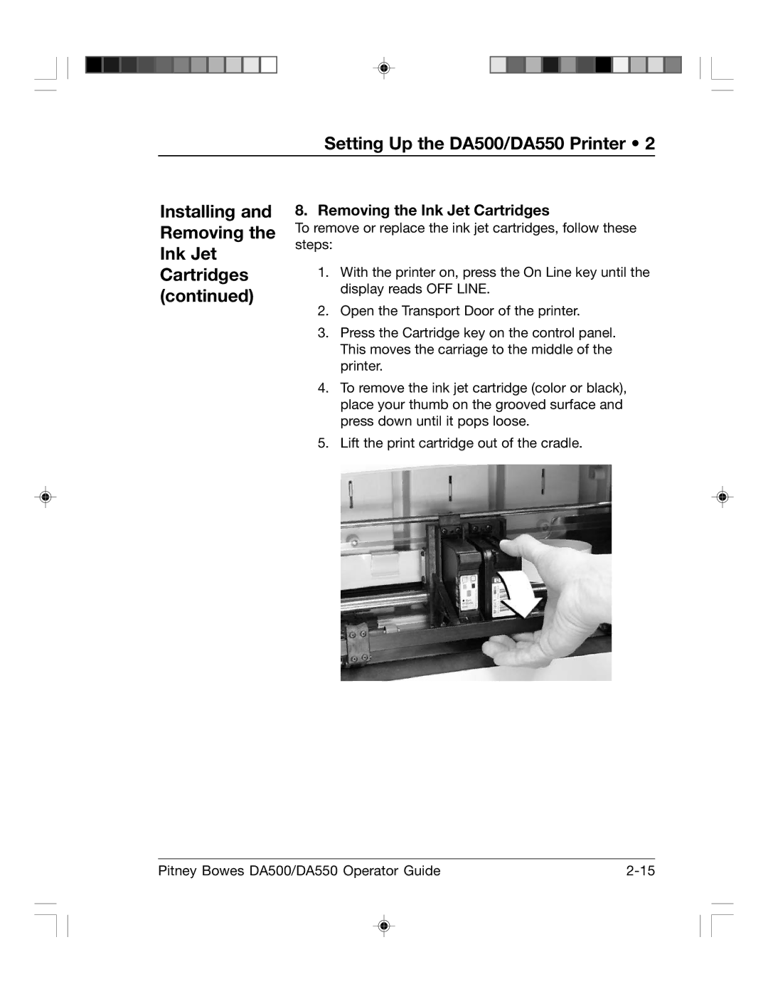 Pitney Bowes DA550, DA500 manual Removing the Ink Jet Cartridges 