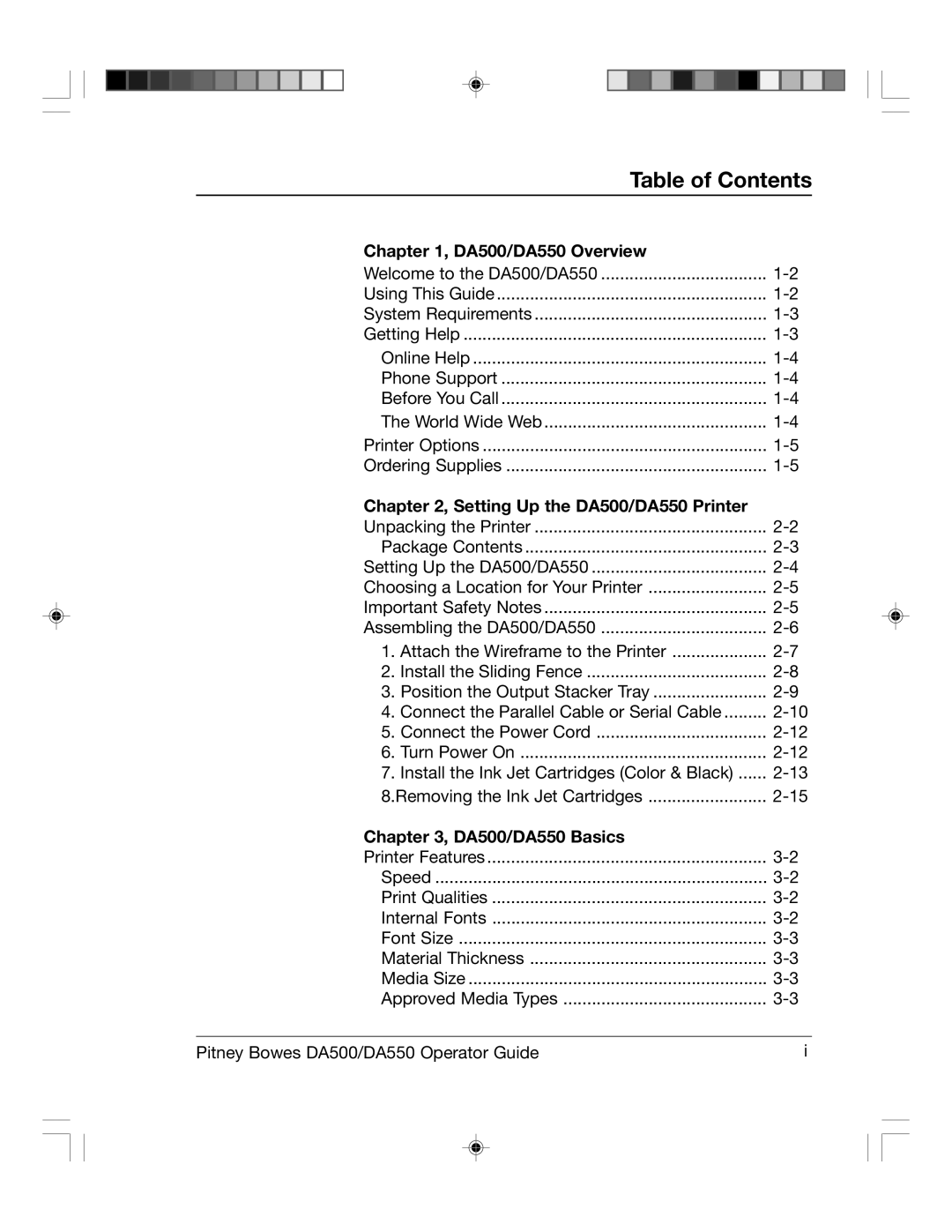 Pitney Bowes DA550, DA500 manual Table of Contents 