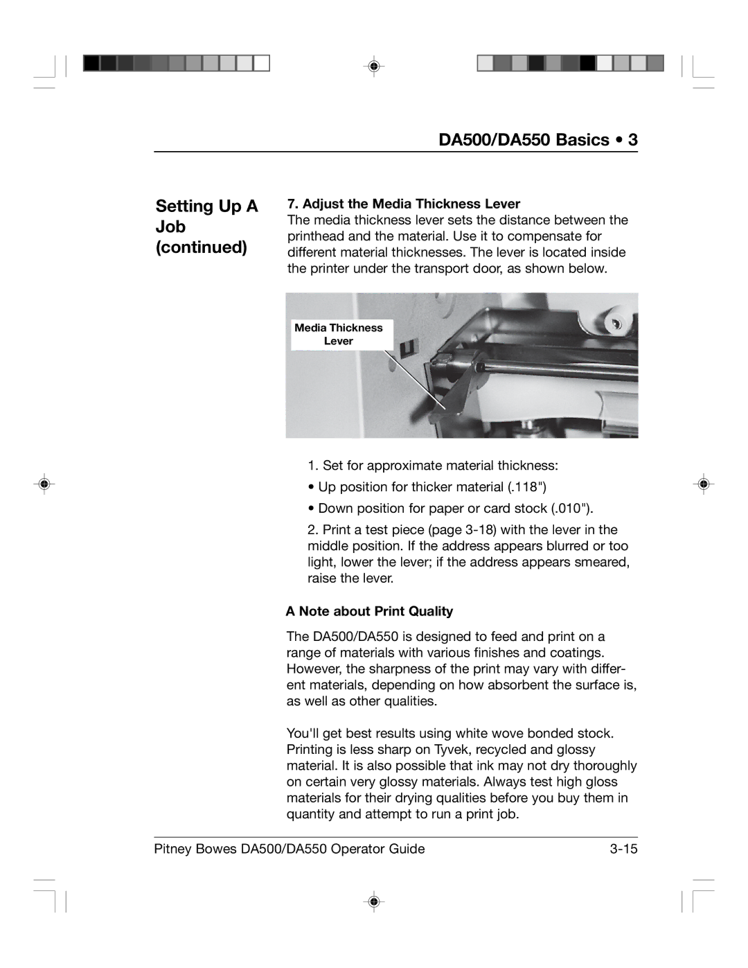 Pitney Bowes DA550, DA500 manual Adjust the Media Thickness Lever 