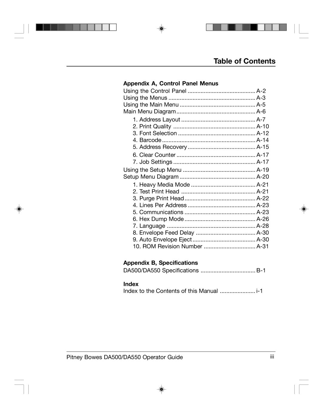 Pitney Bowes DA550, DA500 manual Appendix A, Control Panel Menus, Appendix B, Specifications, Index 