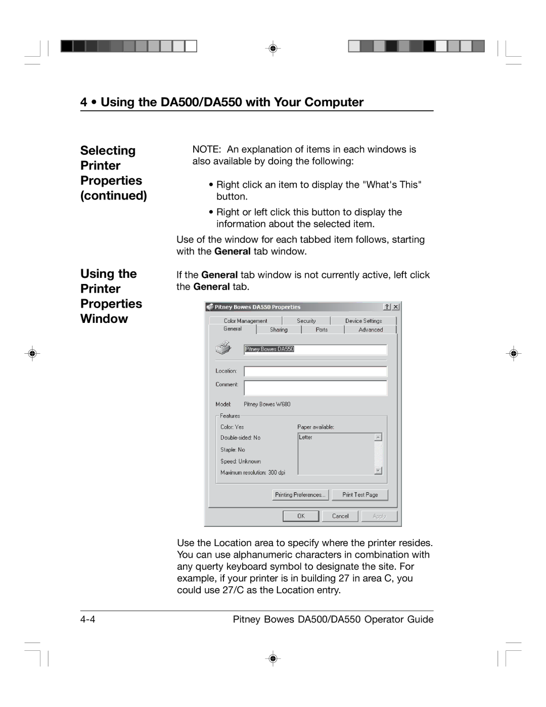 Pitney Bowes DA500, DA550 manual Using Printer Properties Window, Selecting Printer Properties 