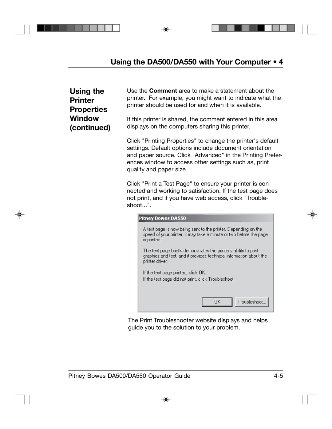 Pitney Bowes DA550, DA500 manual Using the Printer Properties Window 