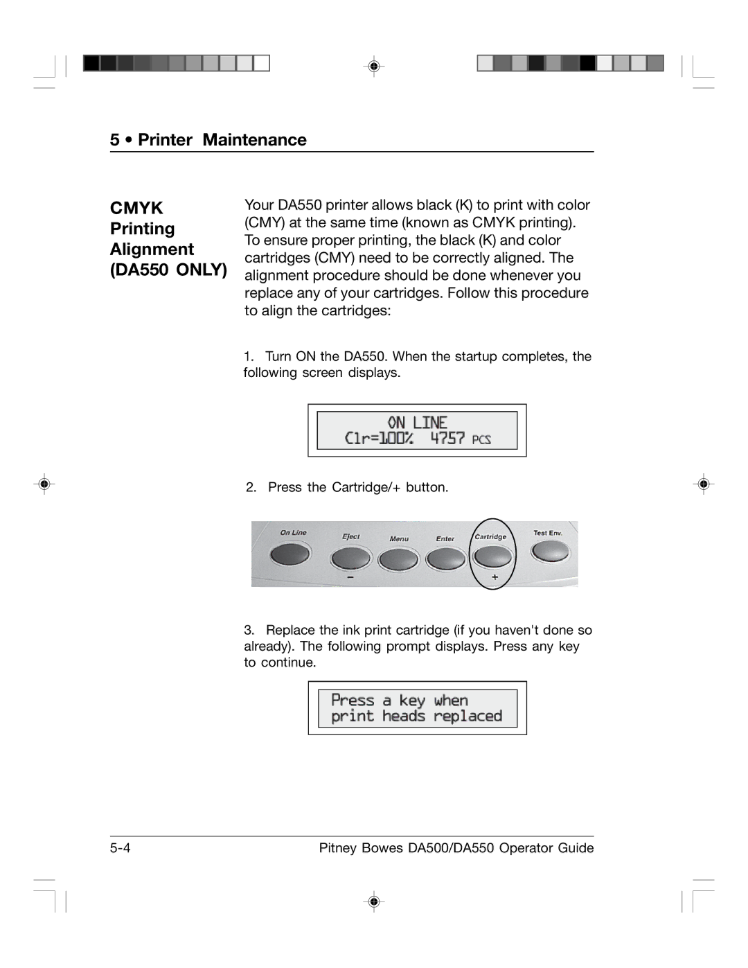 Pitney Bowes DA500 manual Cmyk, Printing Alignment DA550 only 