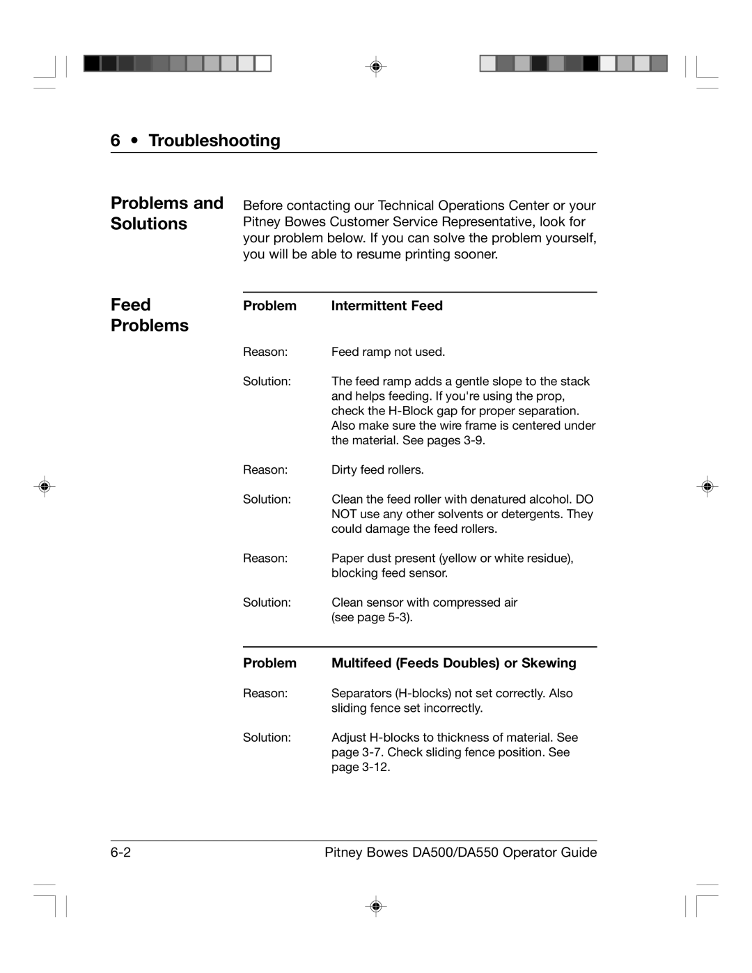 Pitney Bowes DA500, DA550 manual Troubleshooting, Feed Problems, Problems and Solutions, Problem Intermittent Feed 