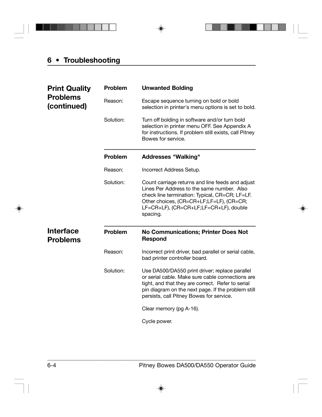 Pitney Bowes DA500, DA550 manual Interface Problems, Problem Unwanted Bolding, Problem Addresses Walking 